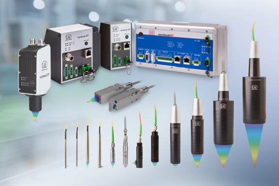 Image shows range of confocal controllers and confocal sensors which represent the Micro-Epsilon 2026 product portfolio of Confocal Chromatic sensors