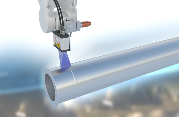 Laser line profiler looking at tube for weld bead tracking