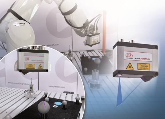 scanCONTROL Laser line profile sensor mounted on robot arm for calibration checks